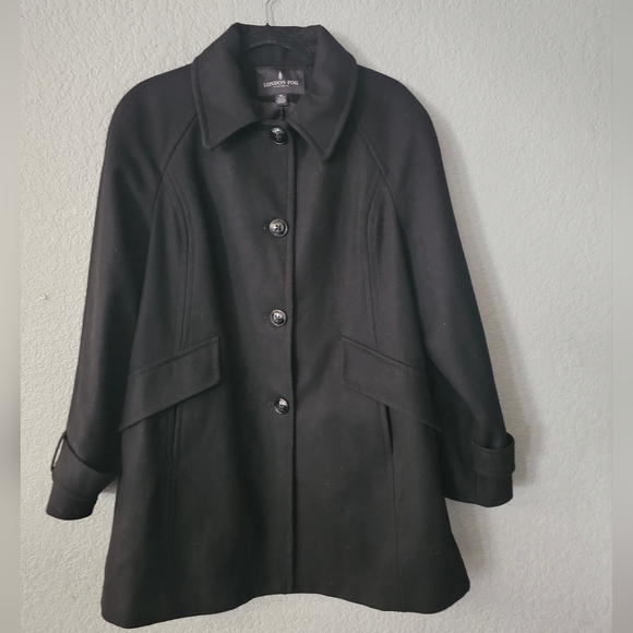 London Fog XL Women Black Wool Peacoat 7994 Button Coat Pockets Raglan A-line